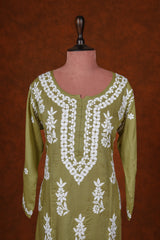 Chikankari Fine Modal Cotton Kurta - Mehendi Green