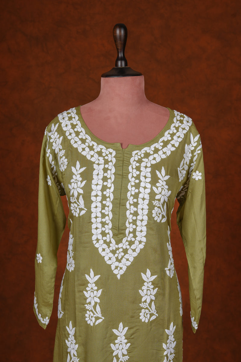 Chikankari Fine Modal Cotton Kurta - Mehendi Green