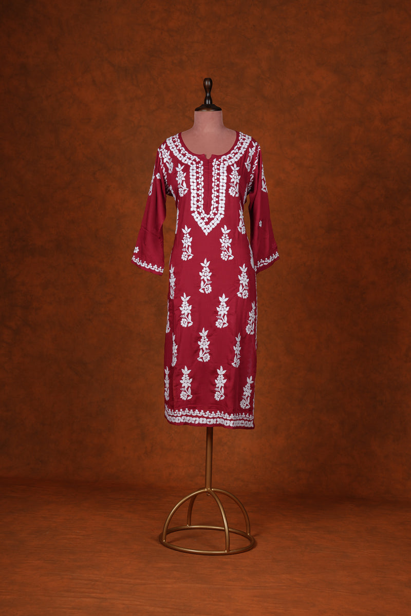 Chikankari Final Mul Cotton Kurta - Red