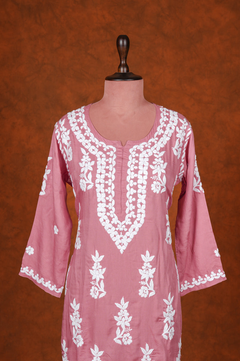 Chikankari Fine Modal Cotton Kurta - Aboli Pink