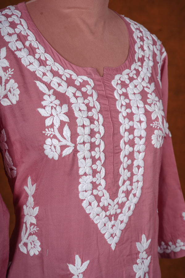 Chikankari Fine Modal Cotton Kurta - Aboli Pink