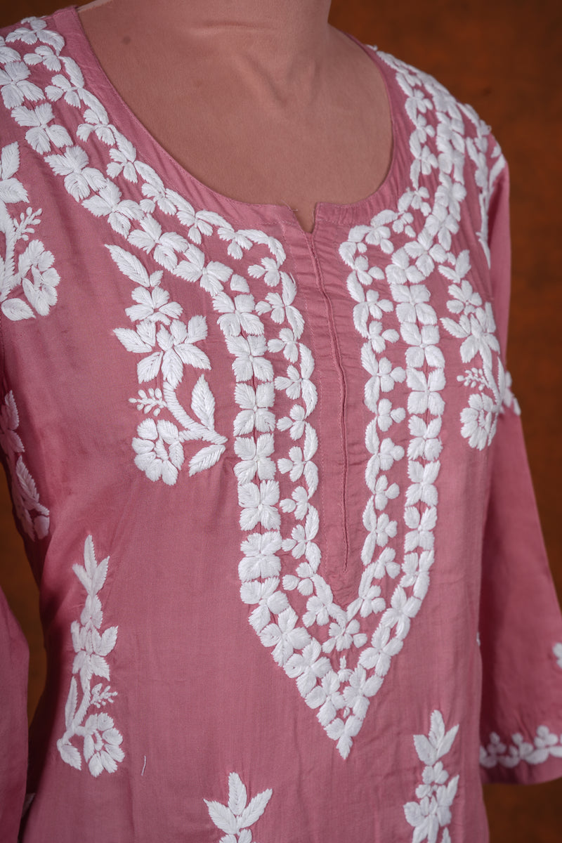 Chikankari Fine Modal Cotton Kurta - Aboli Pink