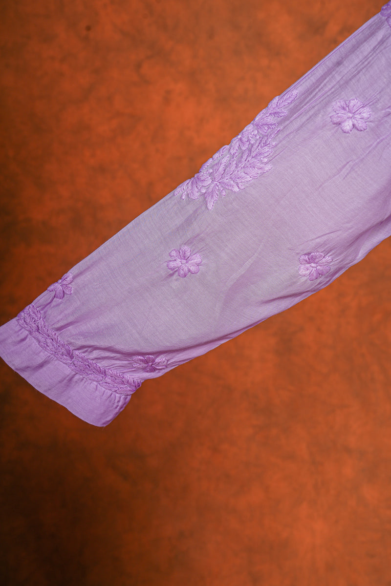 Chikankari Pure Fine Silk Cotton Pant Set-Purple