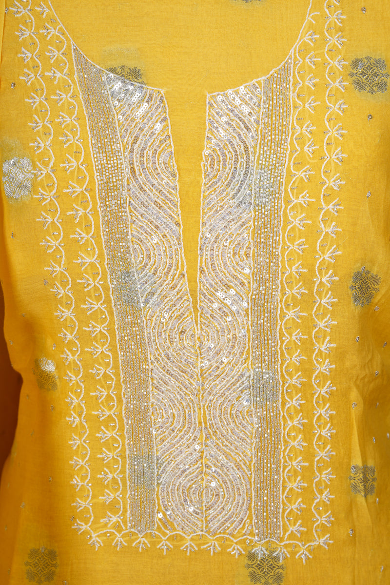 Chikankari Pure Chanderi Embroidered Suits Set Plain - Yellow