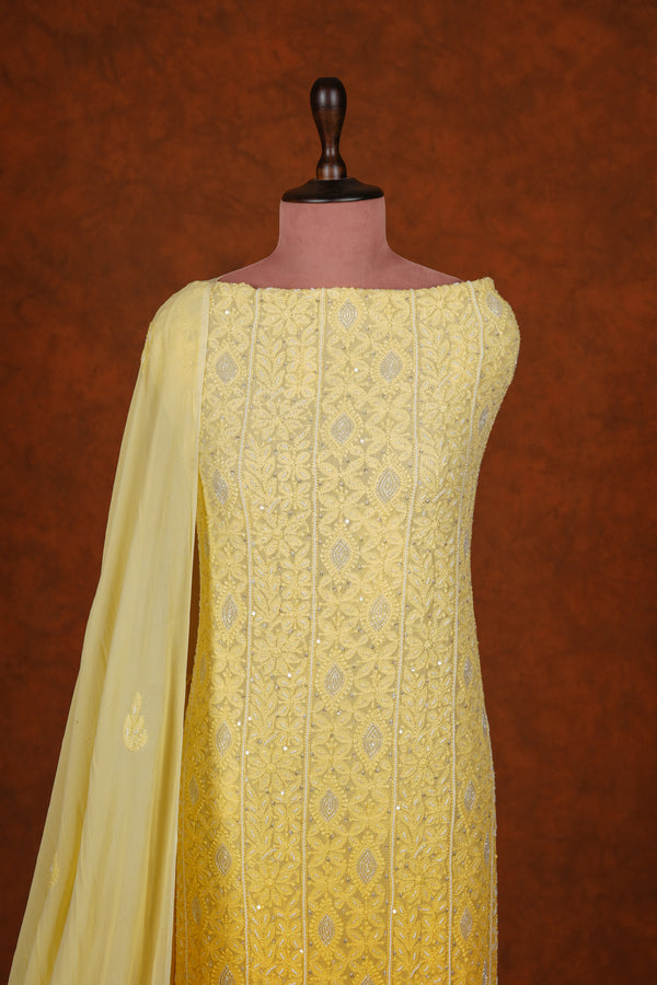 Chikankari Georgette  Embroidered Suits Set - Lime Yellow Shaded