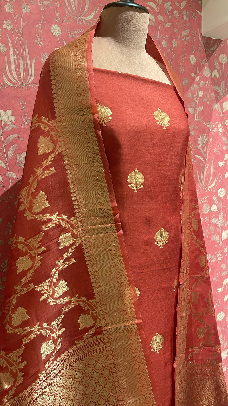 Handloom Kora Silk Suit Sets - Maroon