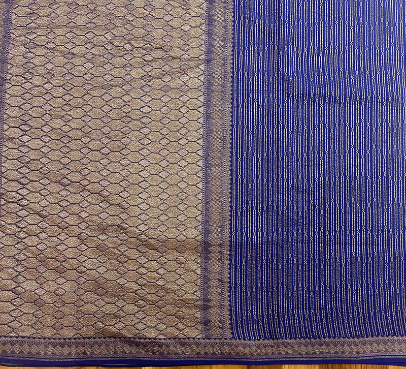 Handloom Fekua Banarasi Khaddi Georgette Silk Saree - Striped - Blue