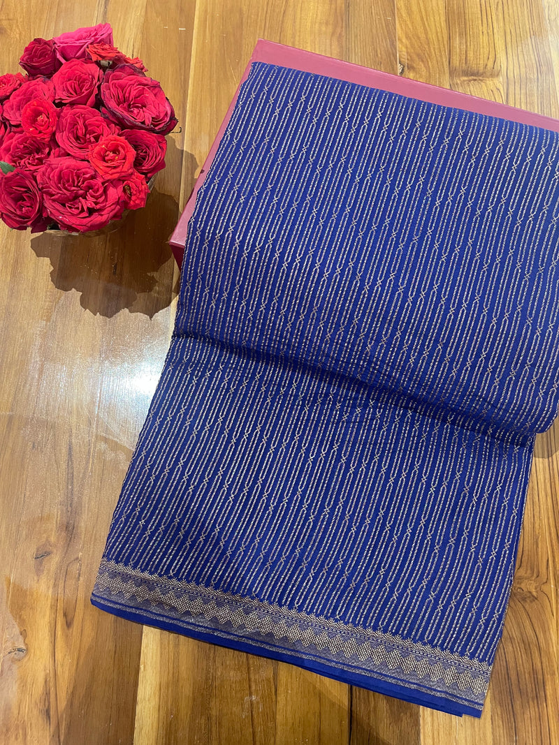 Handloom Fekua Banarasi Khaddi Georgette Silk Saree - Striped - Blue