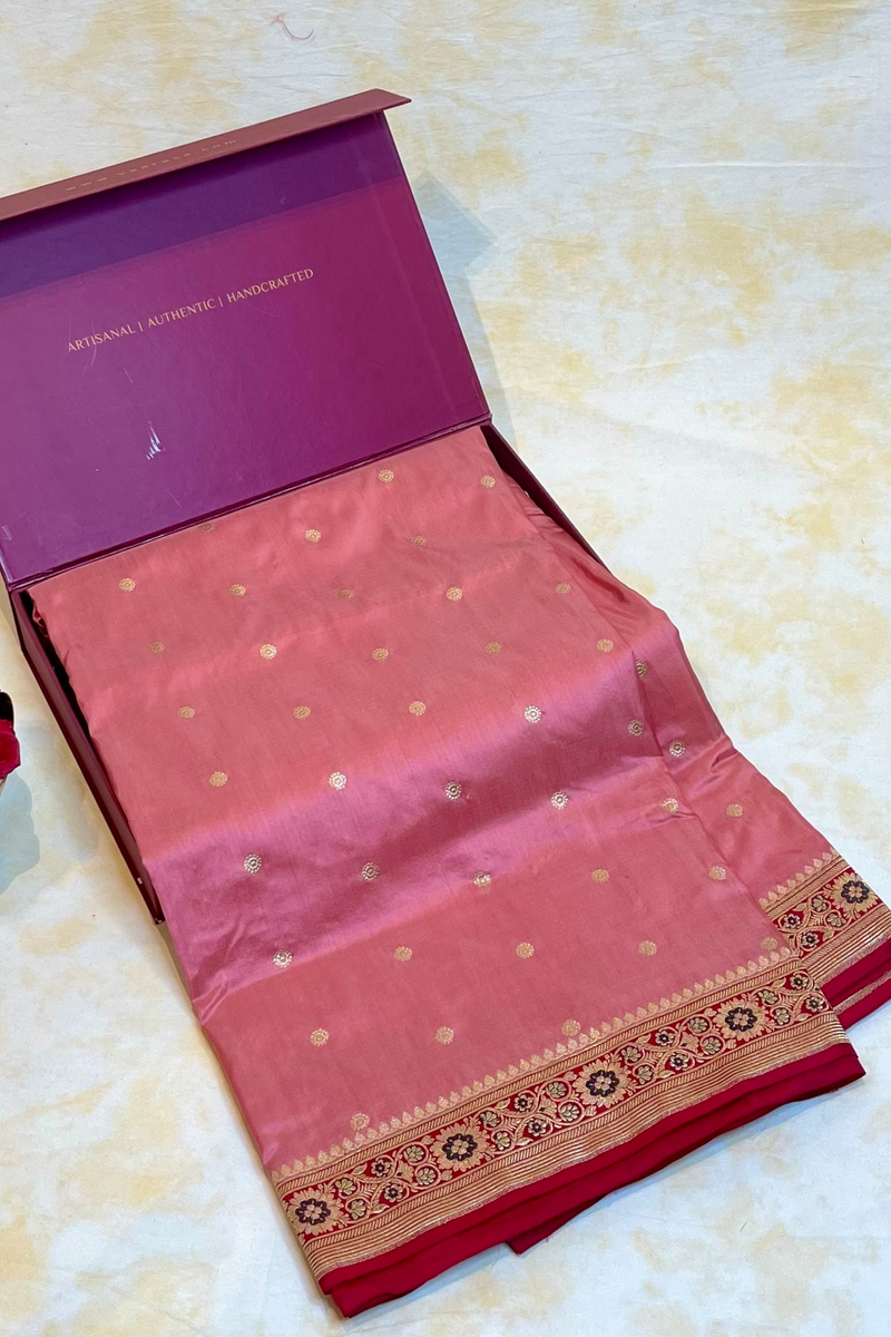 Real Zari Handloom Kadhua Banarasi Shalu Silk Satin Saree - Small Border - Sangita - All Gold Zari - Peach Red