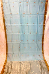 Handloom Silk Cotton Chanderi Saree - Marigold Buta - Light Blue