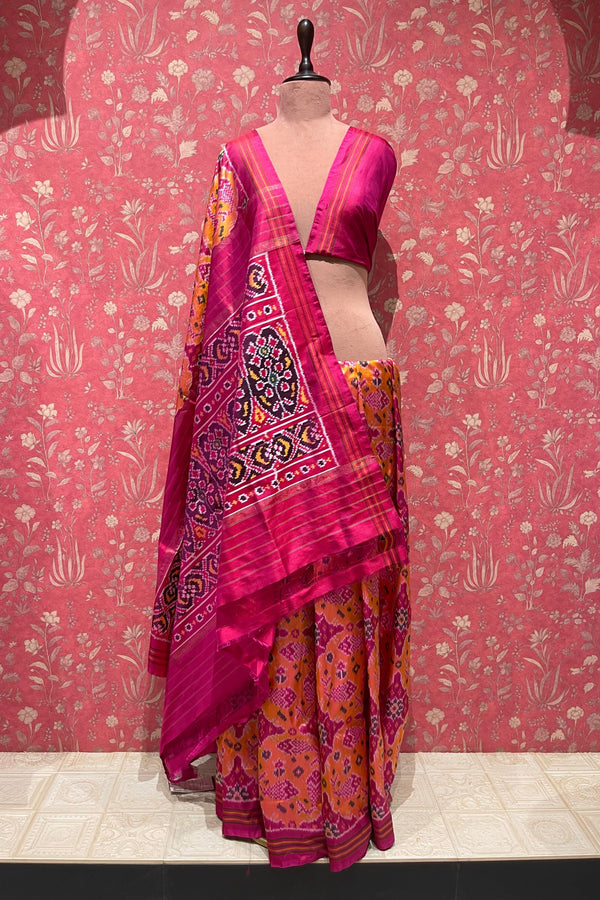 Handloom Ikat Silk Saree- Yellow Pink FIsh Motif