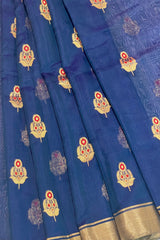 Handloom Silk Cotton Chanderi Saree - Sunflower Buta With Red Mina - Midnight Blue