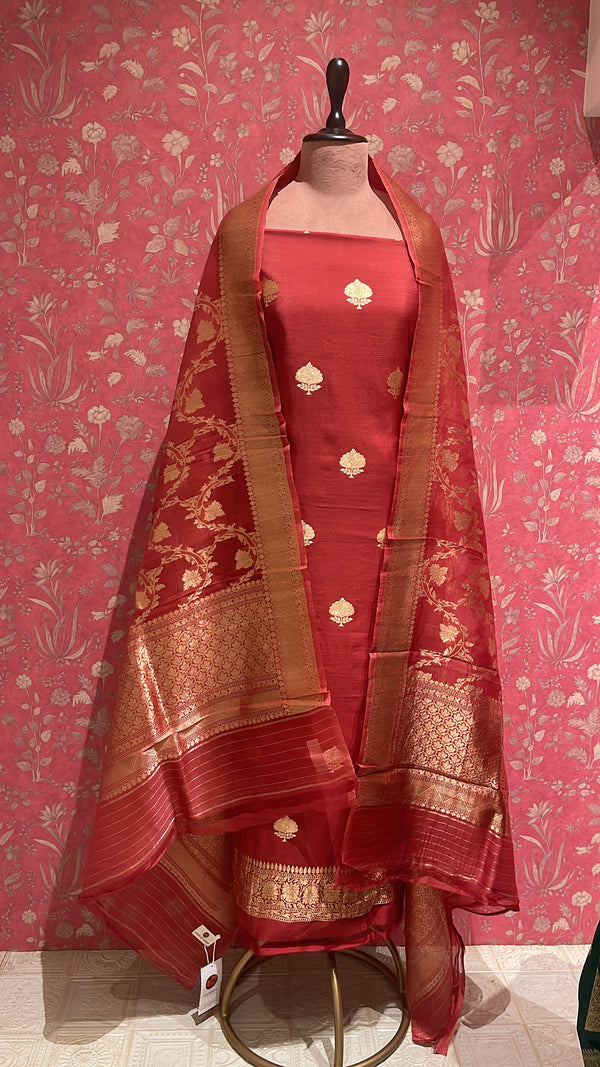 Handloom Kora Silk Suit Sets - Maroon