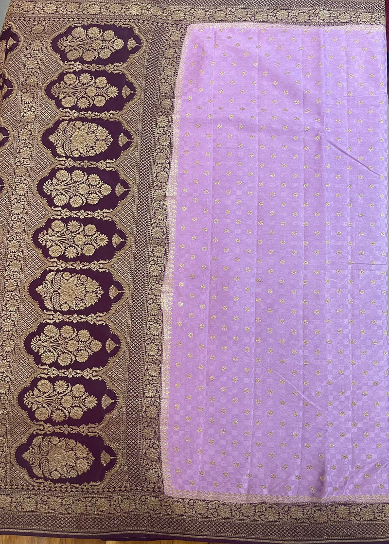 Handloom Fekua Banarasi Khaddi Crepe Silk Saree - Jaal Tanchoi - Lilac