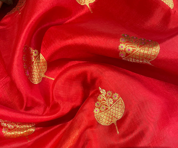 Handloom Chanderi Silk Saree Guldasta Buta With Red Mina - Red