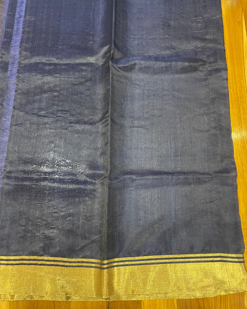 Handloom Chanderi Silk Saree Buta On Stripes Silver Zari - Navy Blue