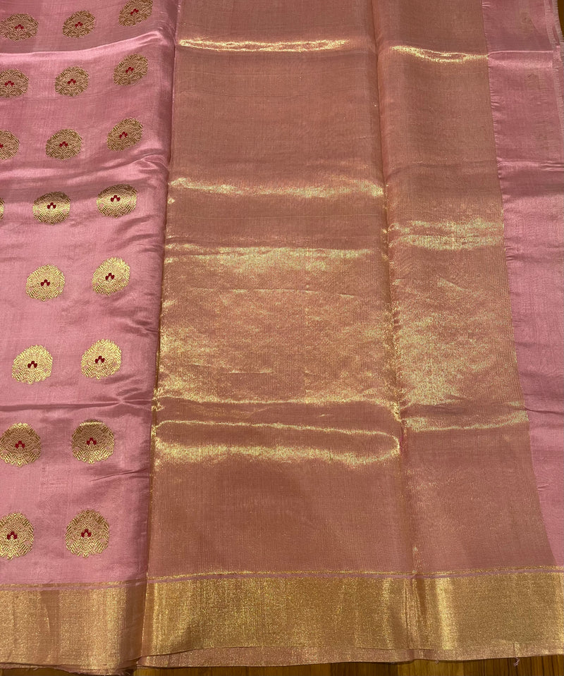 Handloom Silk Chanderi Saree Tree Buta All Over - Pastel Pink