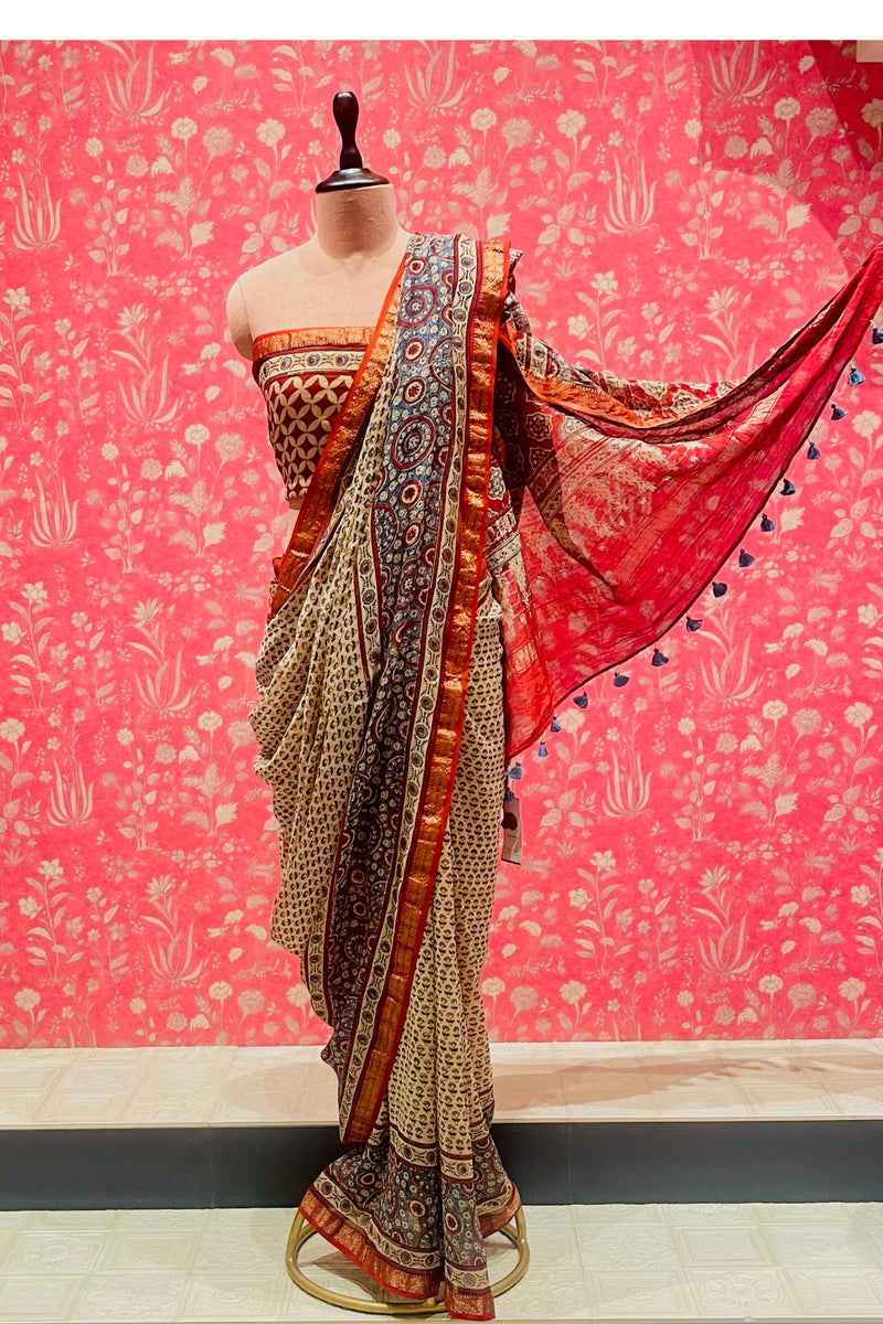 Ajrakh Chanderi Cotton Saree With Maheshwari Border