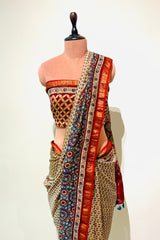 Ajrakh Chanderi Cotton Saree With Maheshwari Border