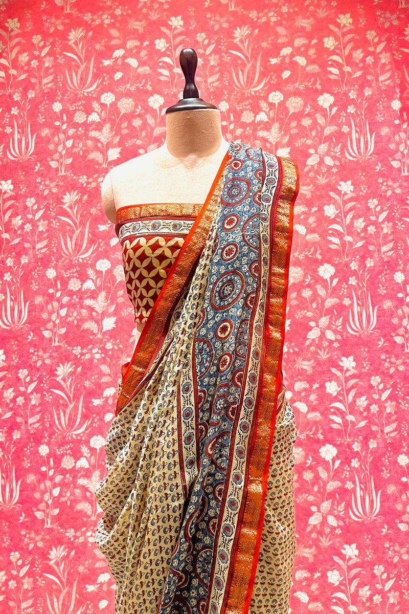 Ajrakh Chanderi Cotton Saree With Maheshwari Border