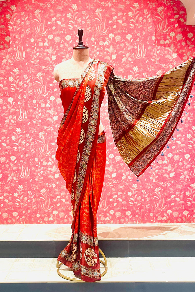 Ajrakh Modal Silk Saree With Zari Pallu - Terracotta Red