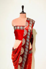 Ajrakh Modal Silk Saree With Zari Pallu - Terracotta Red