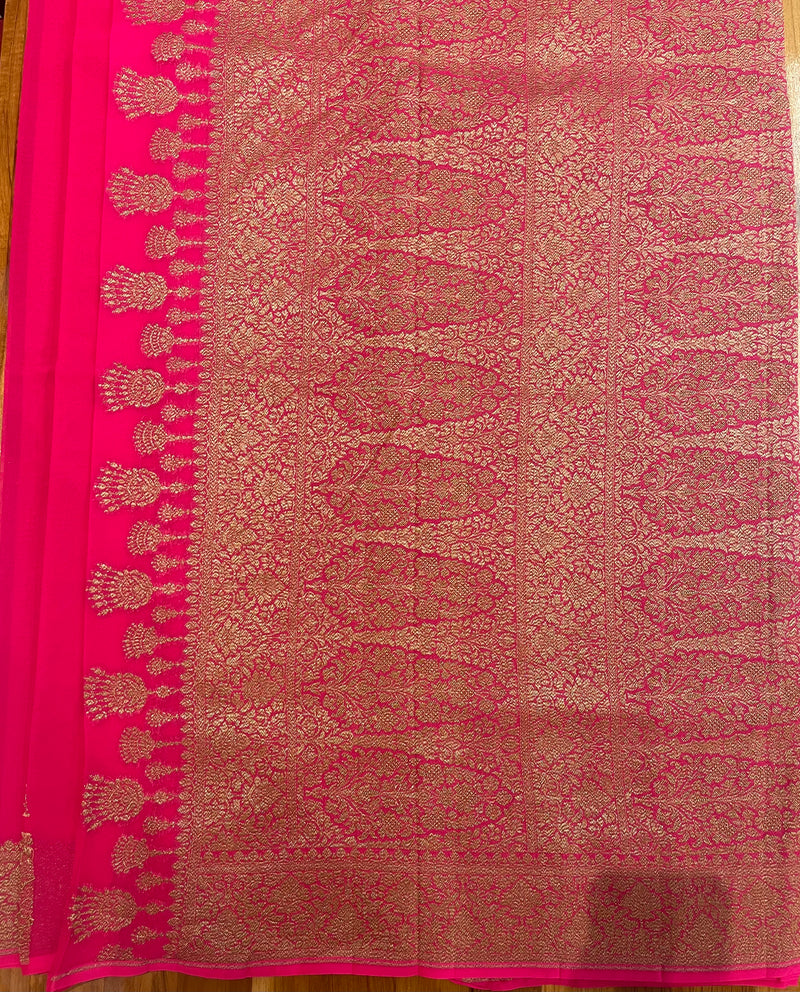 Handloom Fekua Banarasi Khaddi Georgette Silk Saree Plain Body - Fuchsia Pink