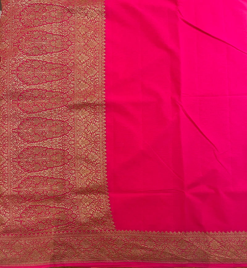 Handloom Fekua Banarasi Khaddi Georgette Silk Saree Plain Body - Fuchsia Pink