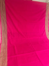 Handloom Fekua Banarasi Khaddi Georgette Silk Saree Plain Body - Fuchsia Pink