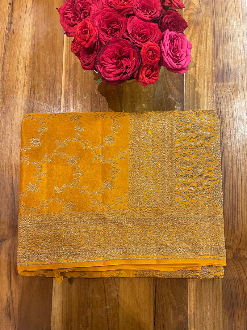 Handloom Fekua Banarasi Crepe Silk Saree - Jaal - Yellow