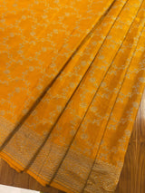 Handloom Fekua Banarasi Crepe Silk Saree - Jaal - Yellow