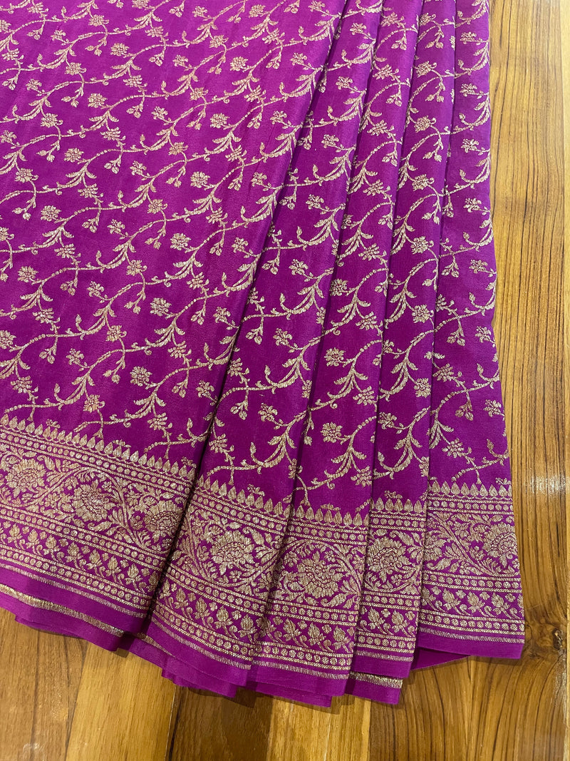 Handloom Fekua Banarasi Crepe Silk Saree - Jaal - Purple