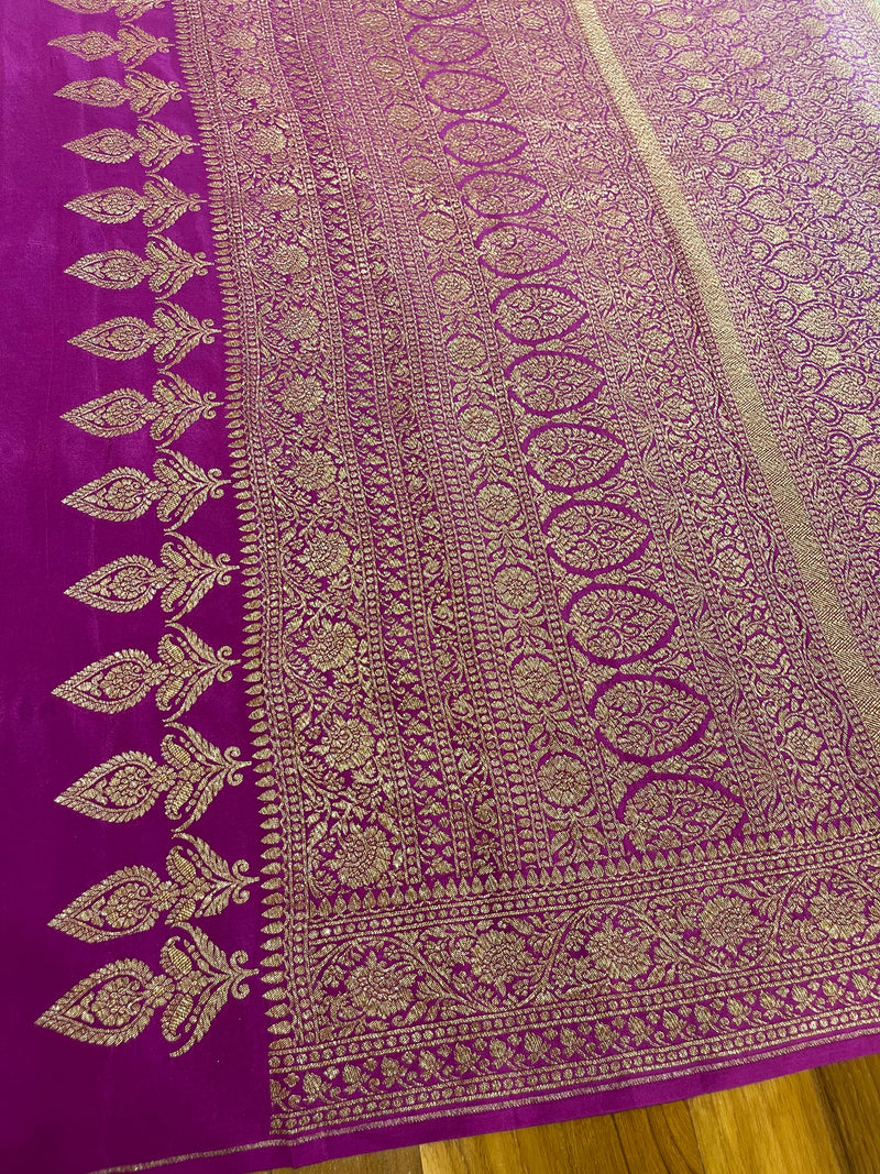 Handloom Fekua Banarasi Crepe Silk Saree - Jaal - Purple