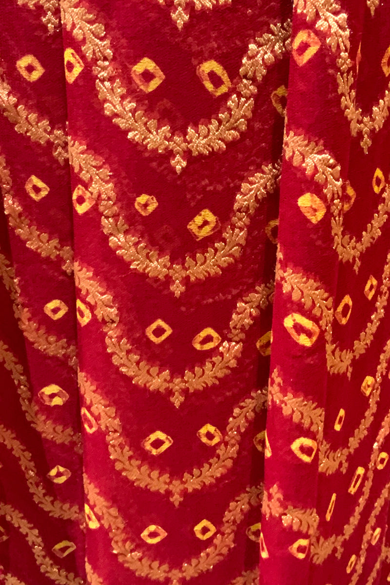 Handloom Georgette Banarasi Silk Saree - Jaal - Red Bandhani