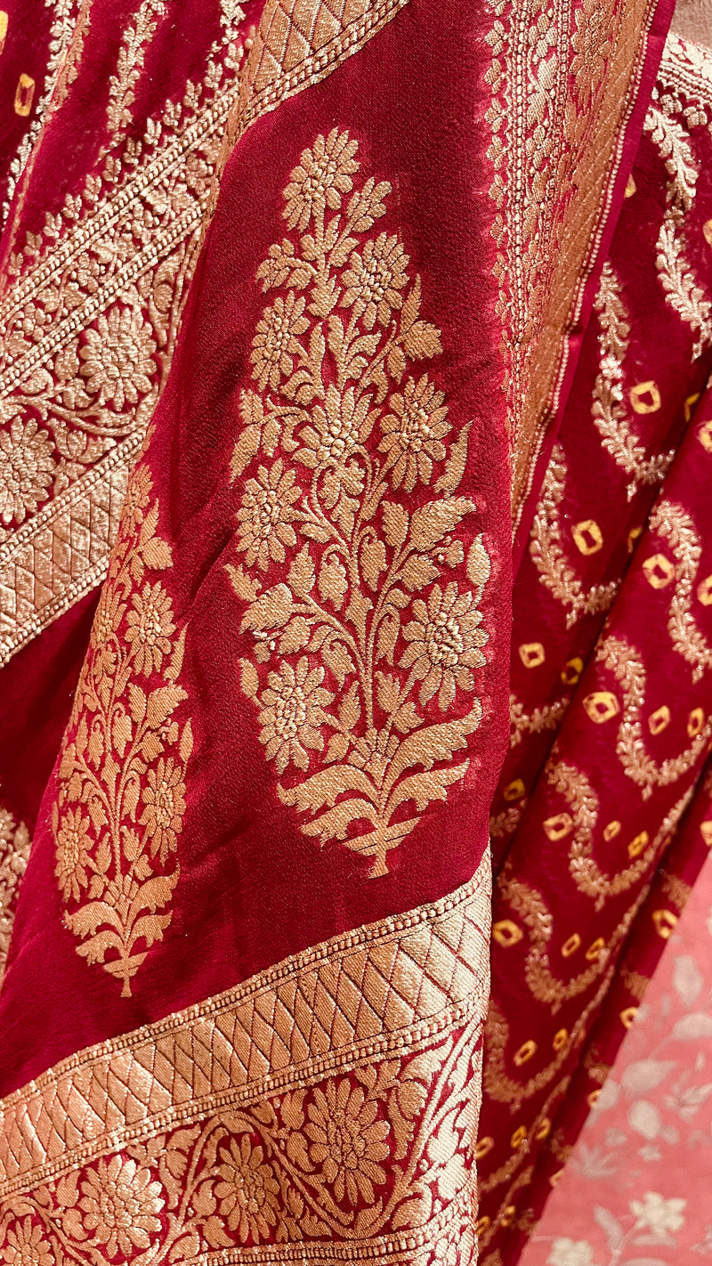 Handloom Georgette Banarasi Silk Saree - Jaal - Red Bandhani