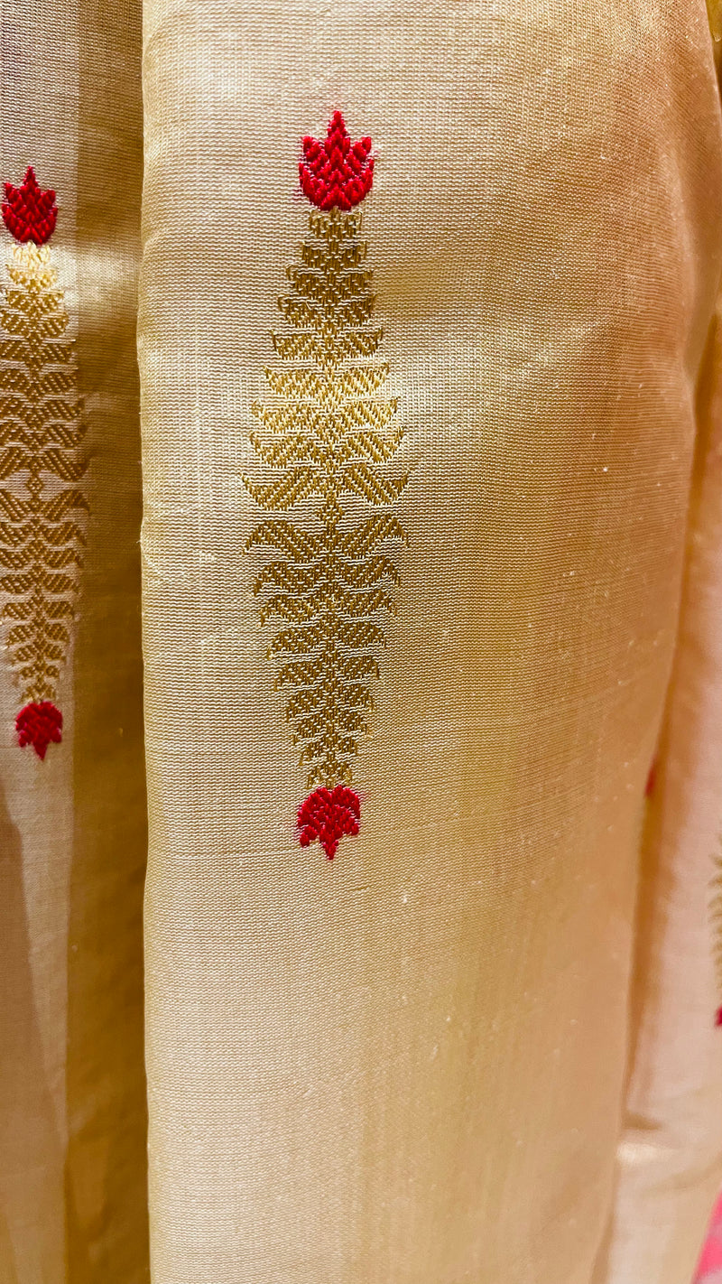 Handloom Cotton Silk Chanderi Saree Gold Red Buta