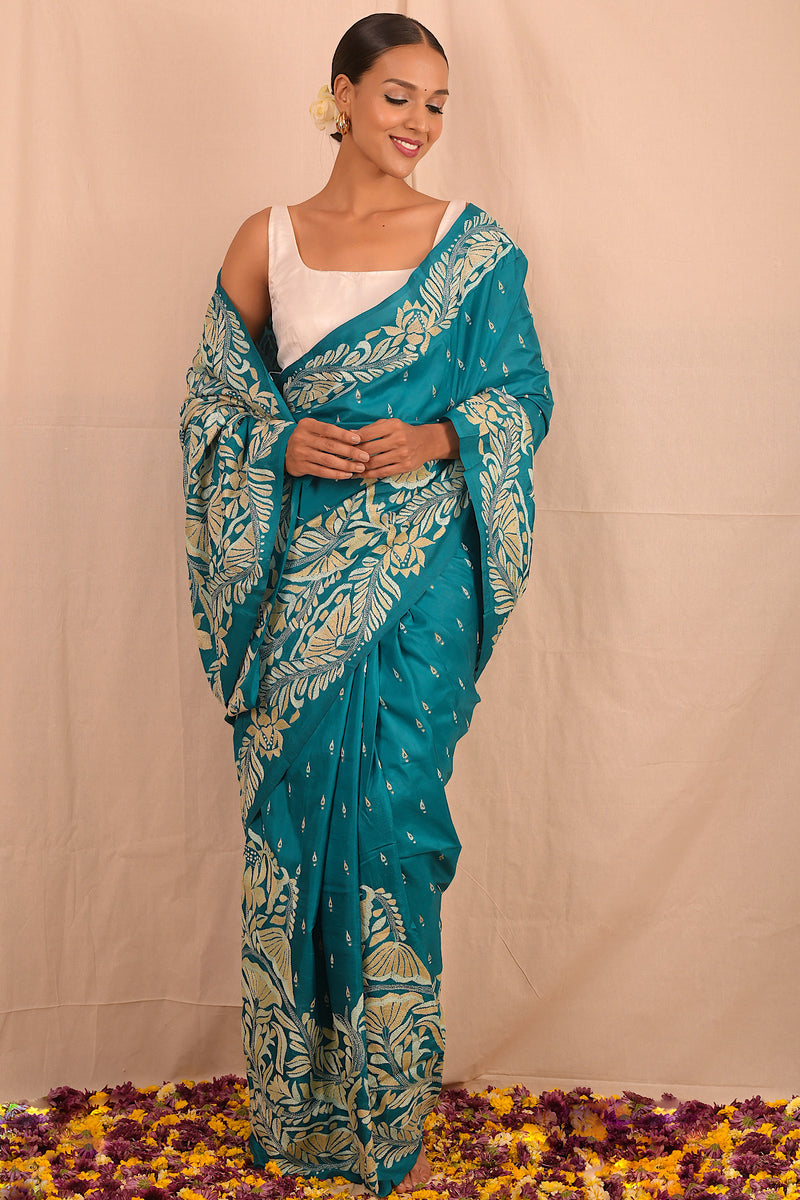 Handembroidered Kantha Silk Saree - Peacock Blue