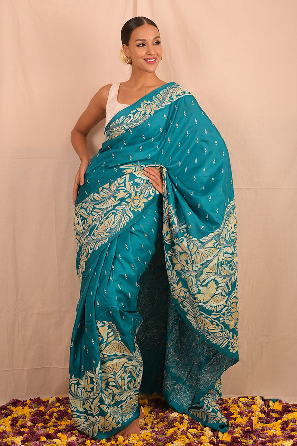 Handembroidered Kantha Silk Saree - Peacock Blue