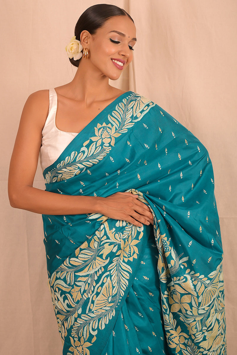 Handembroidered Kantha Silk Saree - Peacock Blue