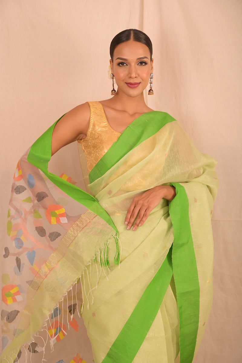 Handwoven Pastel Green Muslin Jamdani Saree