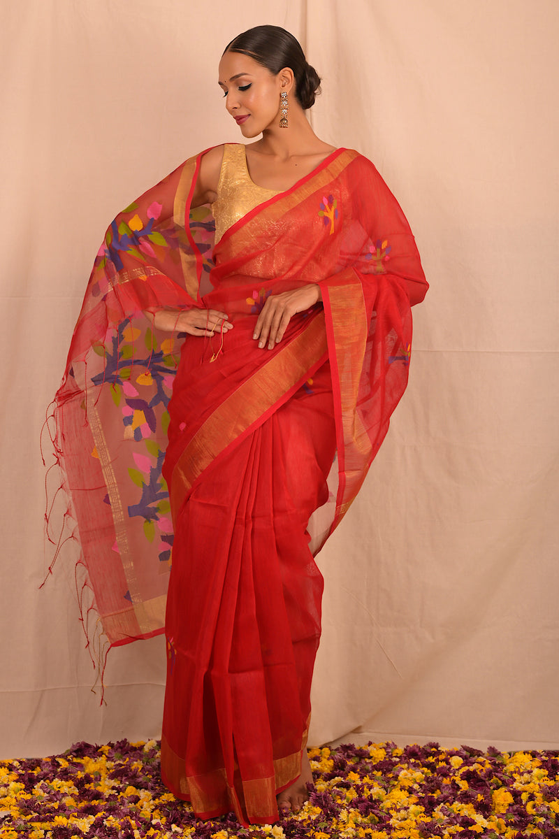 Handwoven Red Muslin Jamdani Saree