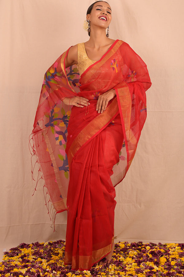 Handwoven Red Muslin Jamdani Saree