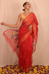 Handwoven Red Muslin Jamdani Saree