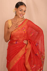 Handwoven Red Muslin Jamdani Saree