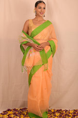 Handwoven Peach Green Muslin Jamdani Saree