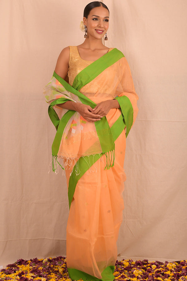 Handwoven Peach Green Muslin Jamdani Saree