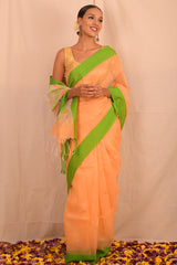 Handwoven Peach Green Muslin Jamdani Saree