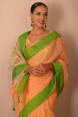 Handwoven Peach Green Muslin Jamdani Saree