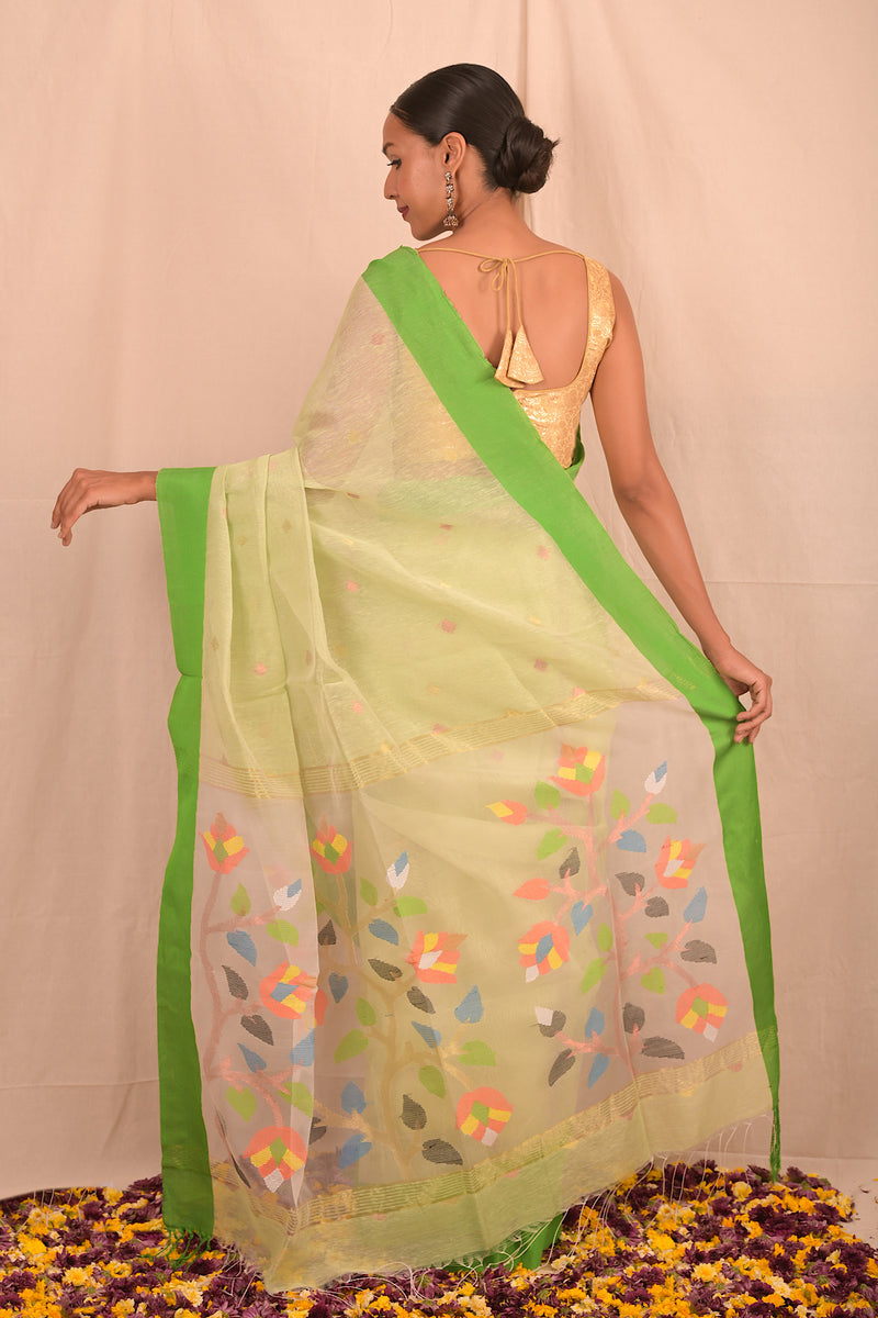 Handwoven Pastel Green Muslin Jamdani Saree