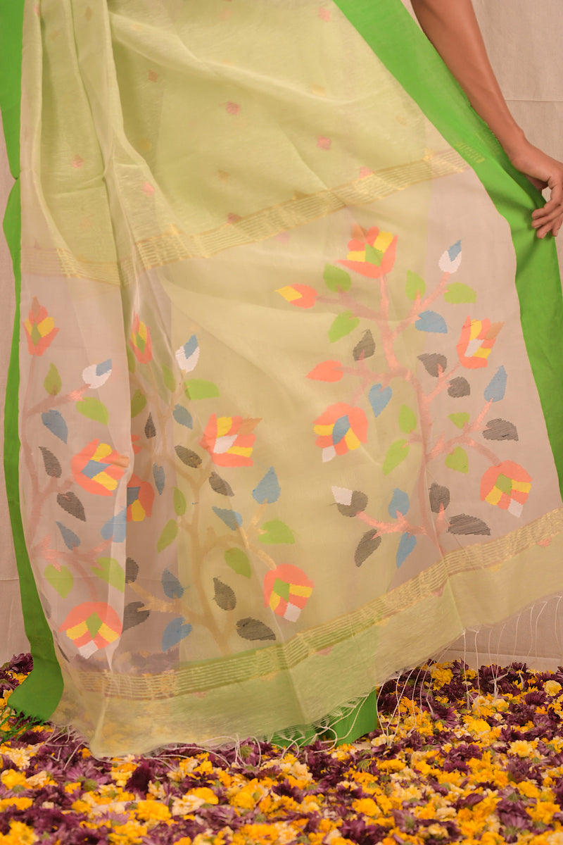 Handwoven Pastel Green Muslin Jamdani Saree